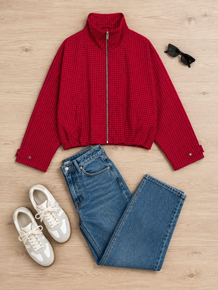 Plaid Cropped Bomber Jacket