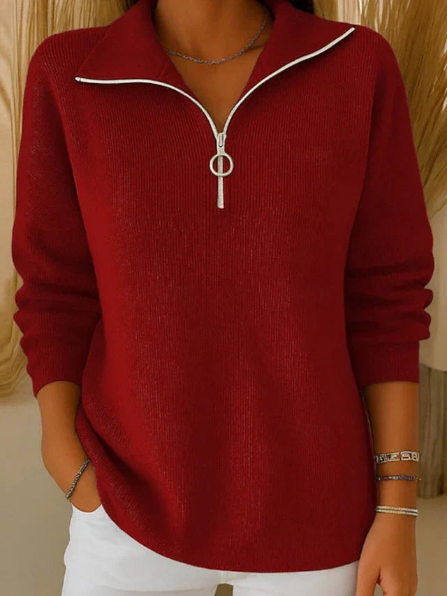 Women’s Solid Knit Polo-Collar Over-Hip Sweater