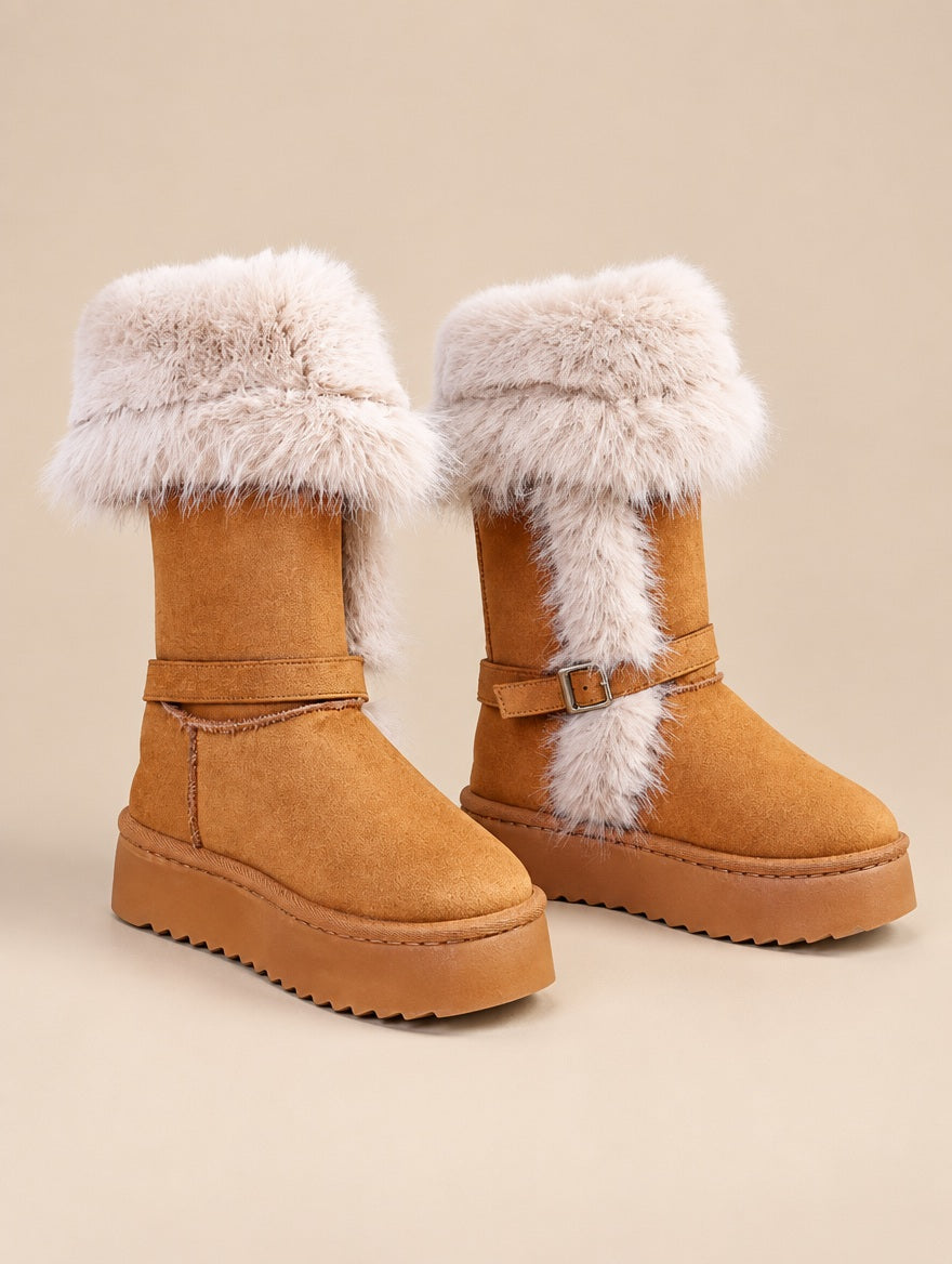 Velvet Round-Toe Mid-Calf Snow Boots