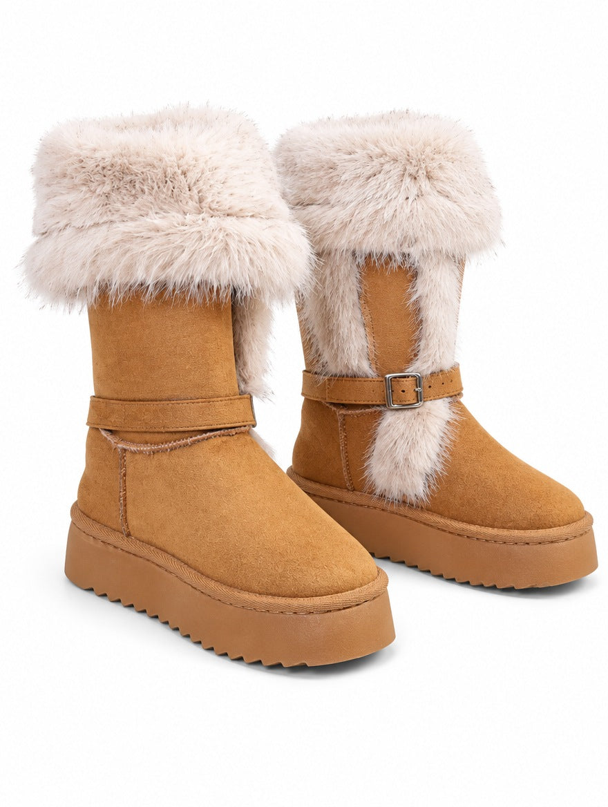 Velvet Round-Toe Mid-Calf Snow Boots