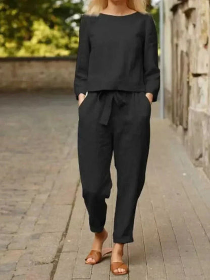 Women’s Linen-Cotton Two-Piece Set – Blouse & Trousers