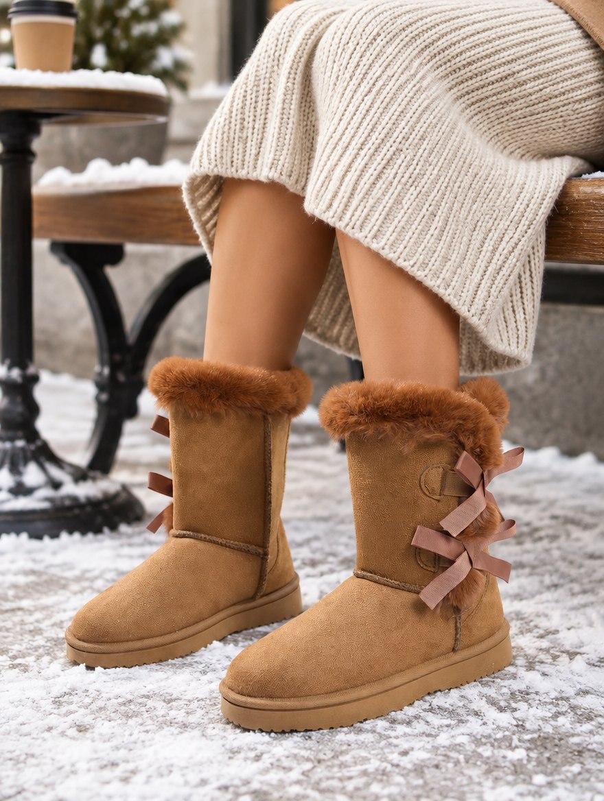 Bow Detail Velvet Snow Boots