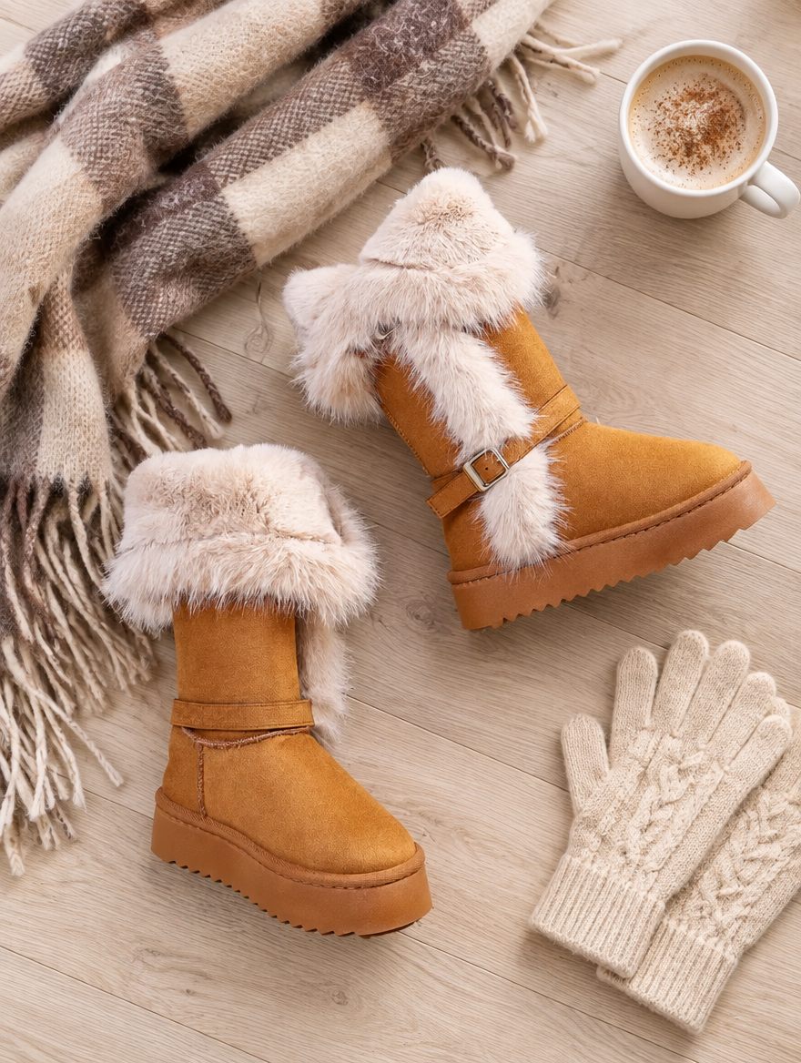 Velvet Round-Toe Mid-Calf Snow Boots