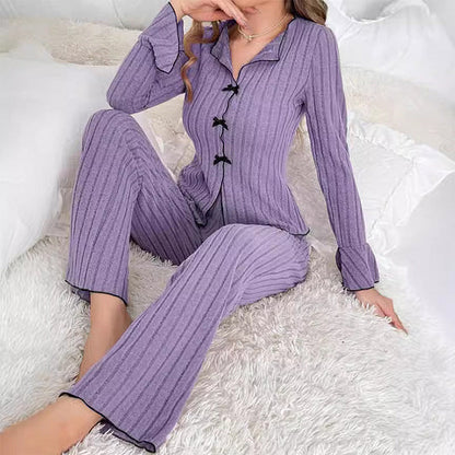 Women’s Ribbed Knit Bow-Detail Lapel Pyjama Set