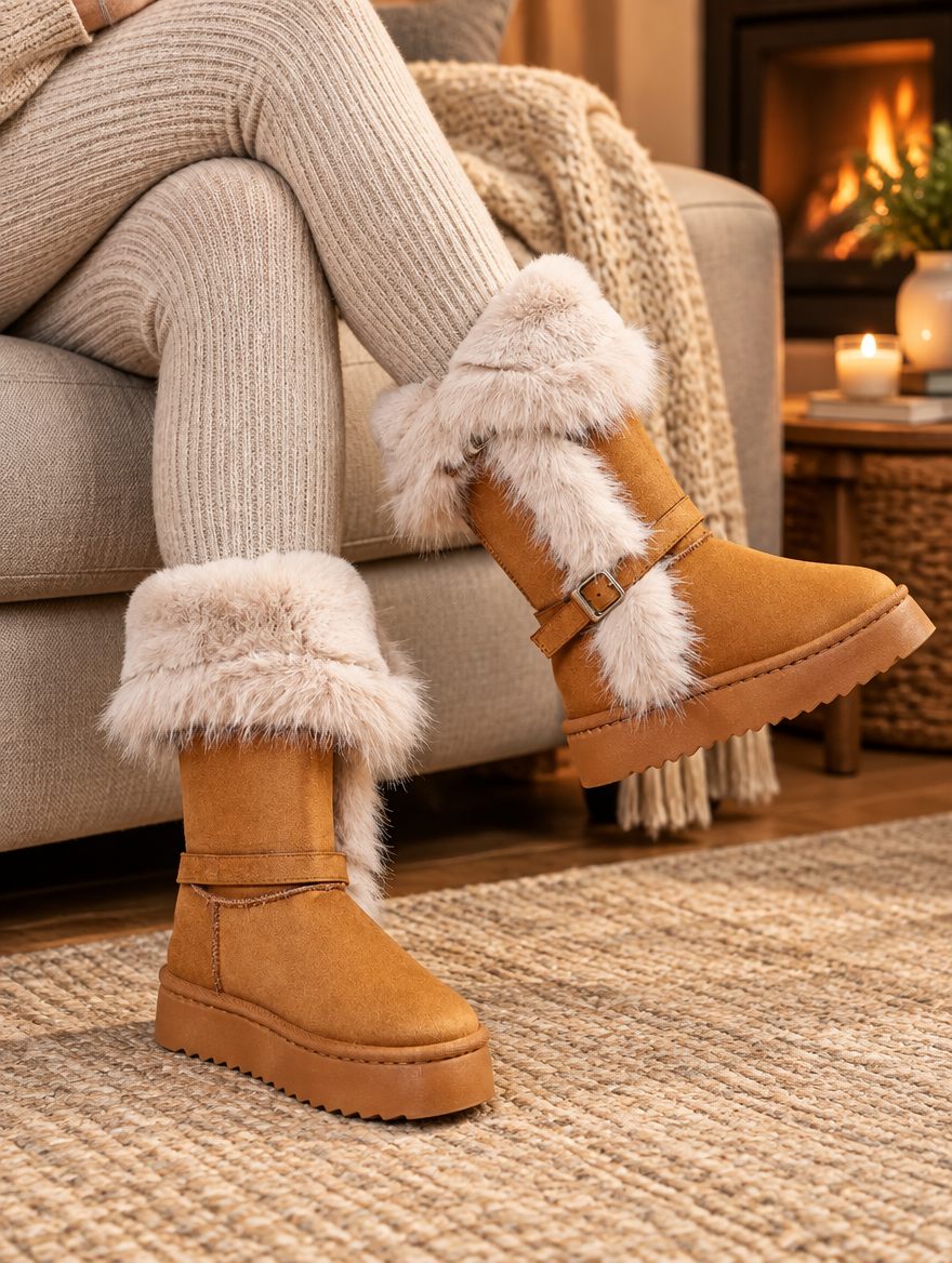 Velvet Round-Toe Mid-Calf Snow Boots