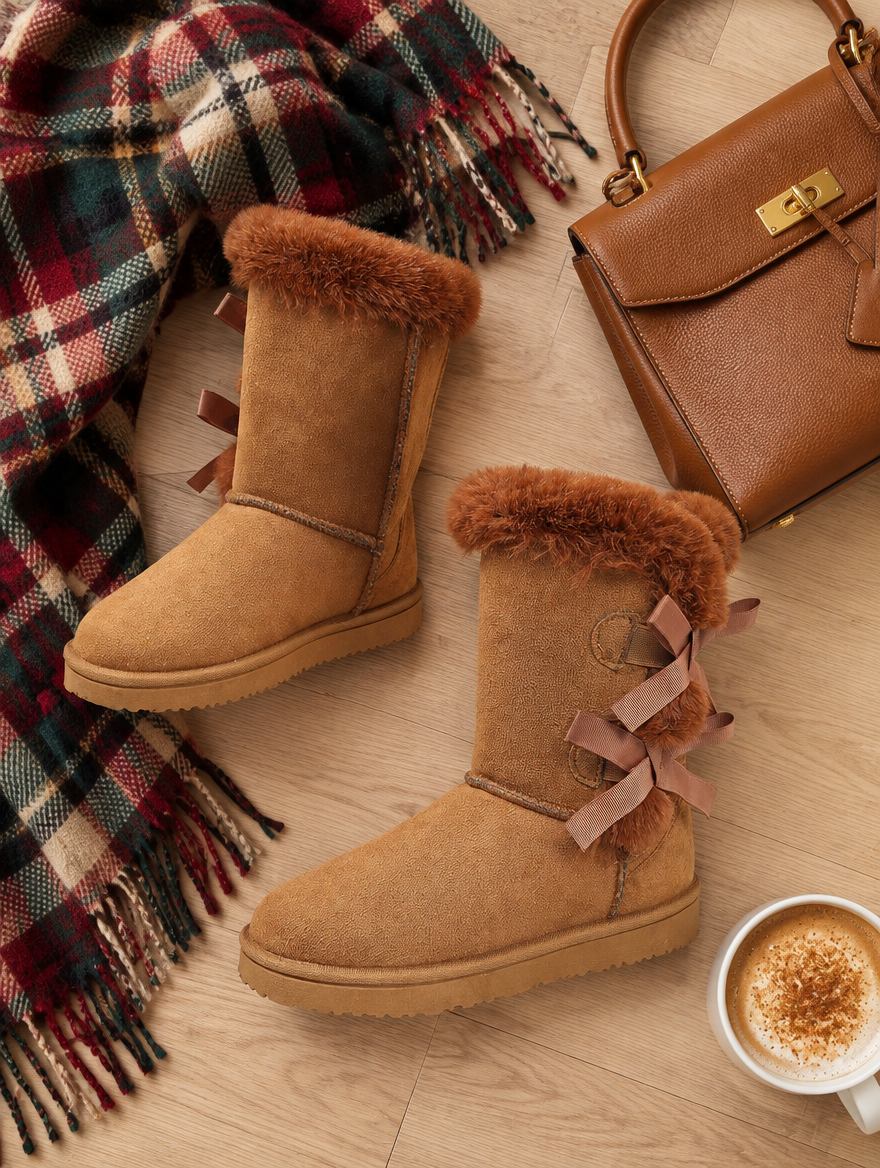Bow Detail Velvet Snow Boots