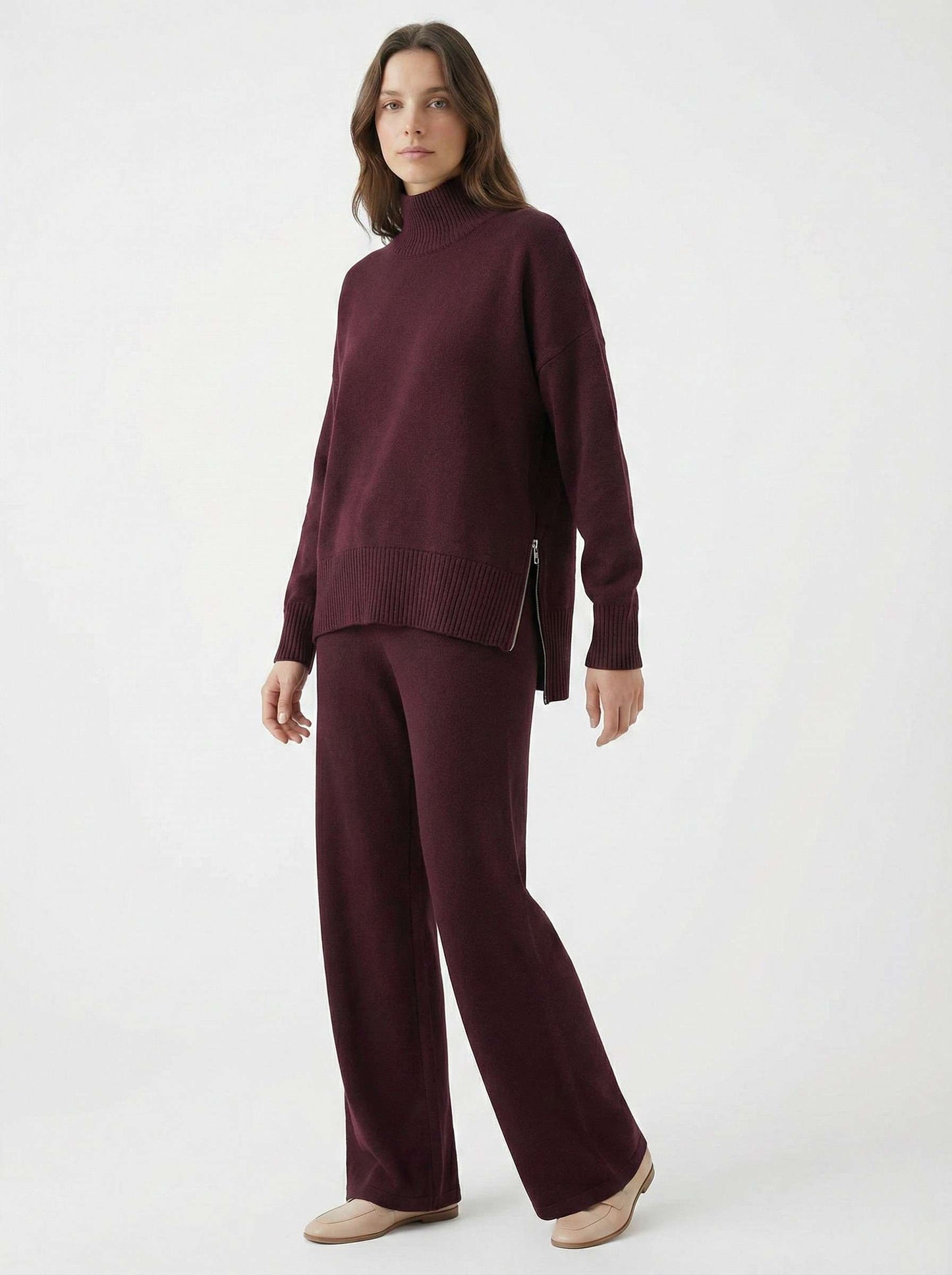Women’s Stand-Collar Side-Zip Travel Top & Straight-Leg Trousers Set
