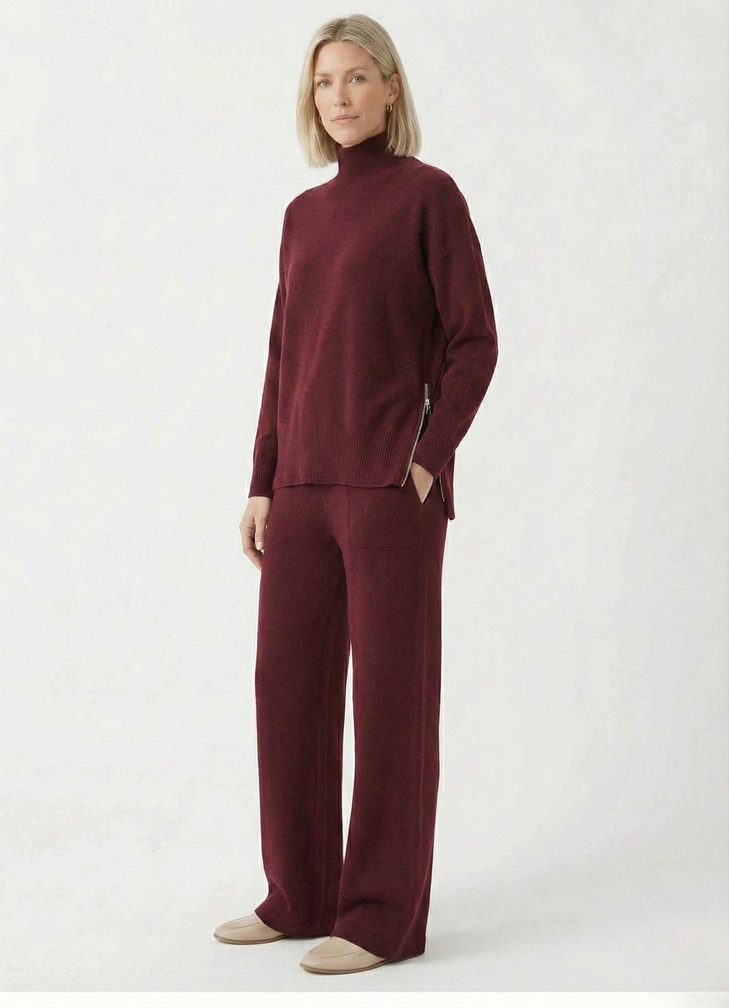 Women’s Stand-Collar Side-Zip Travel Top & Straight-Leg Trousers Set