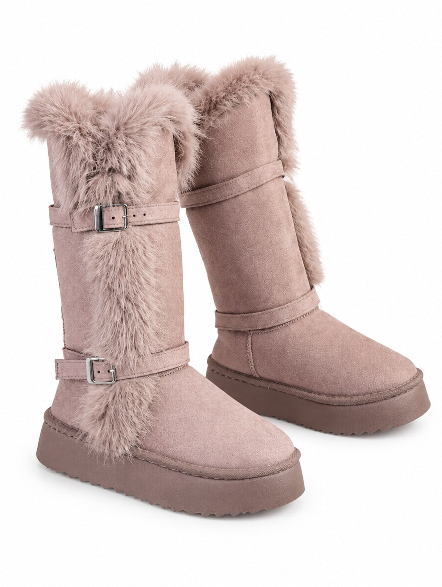 Velvet Round-Toe Mid-Calf Snow Boots