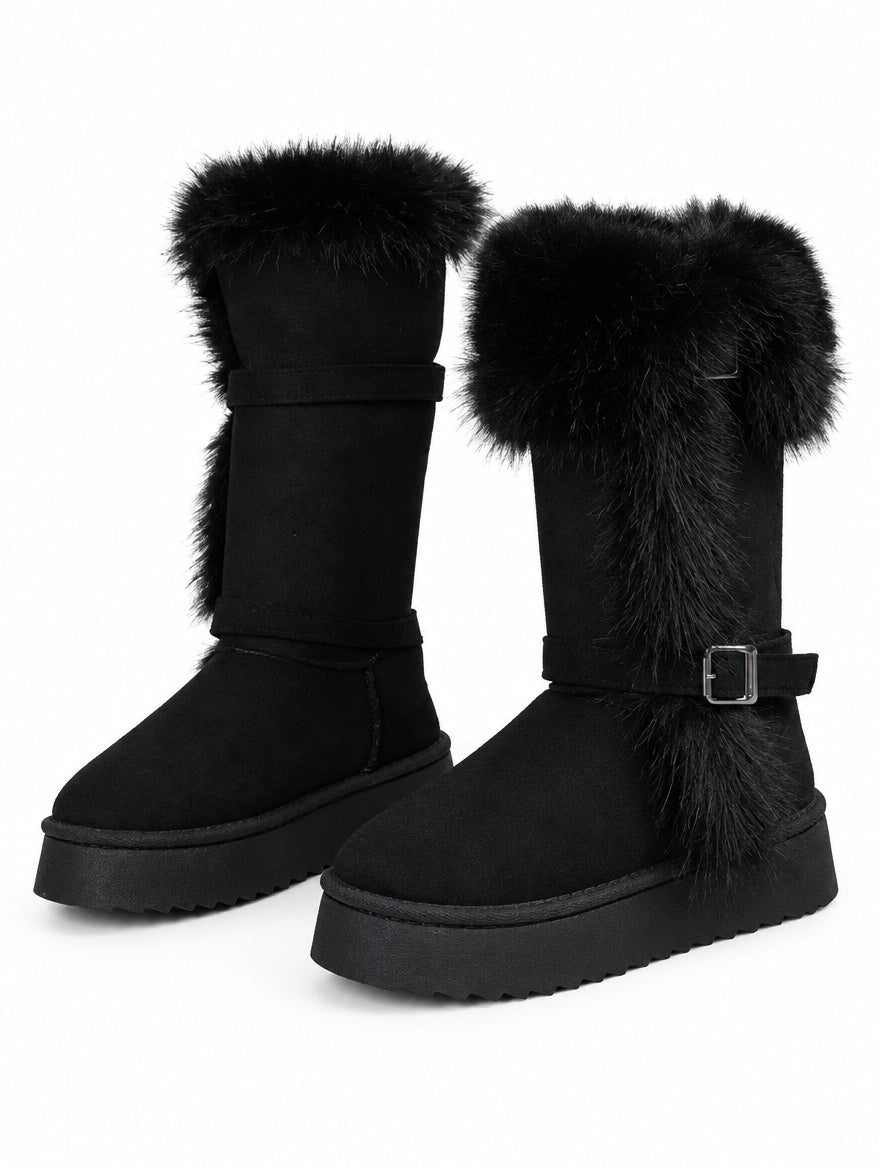 Velvet Round-Toe Mid-Calf Snow Boots