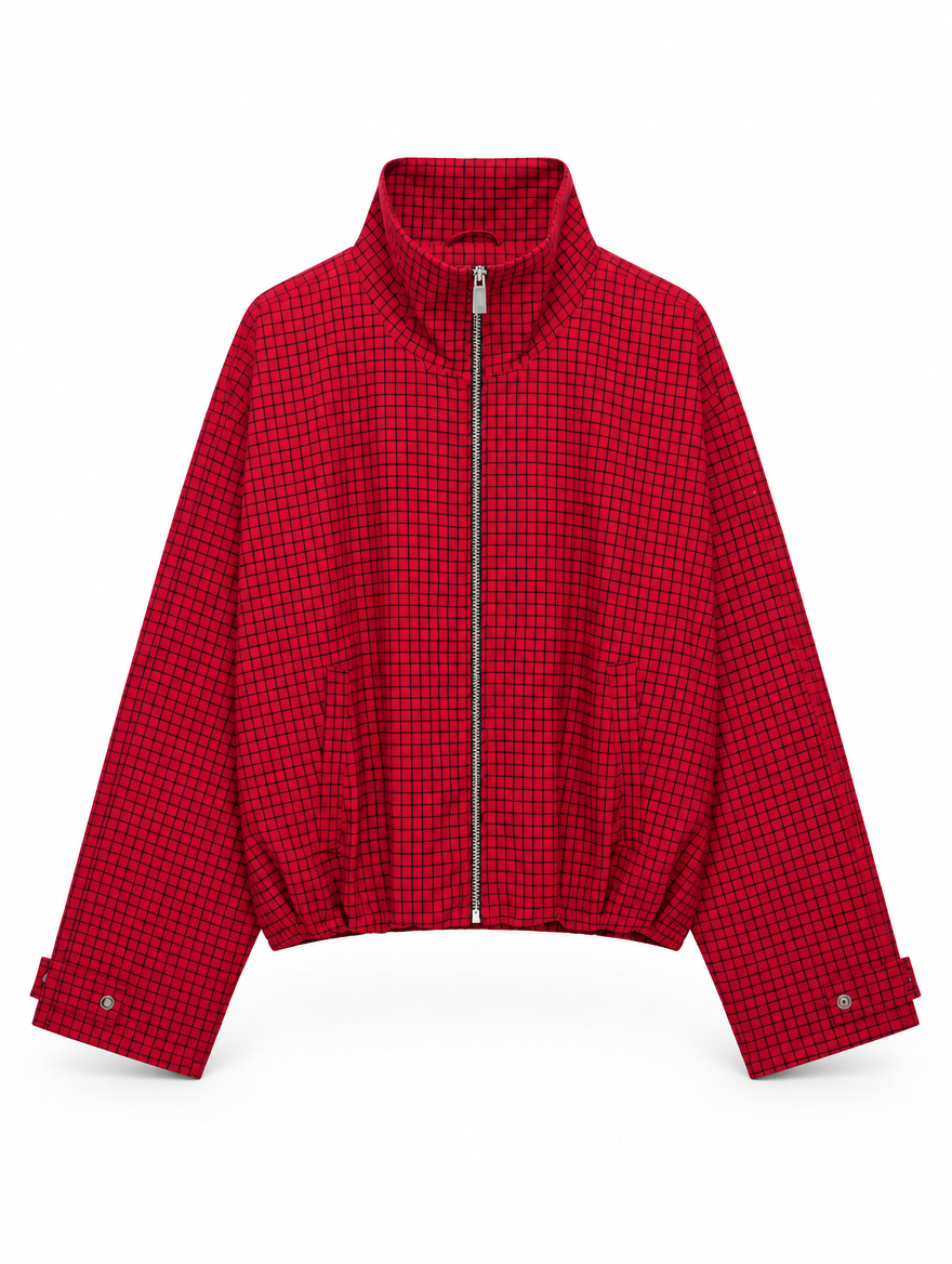Red Plaid Oversized Bomber Jacket