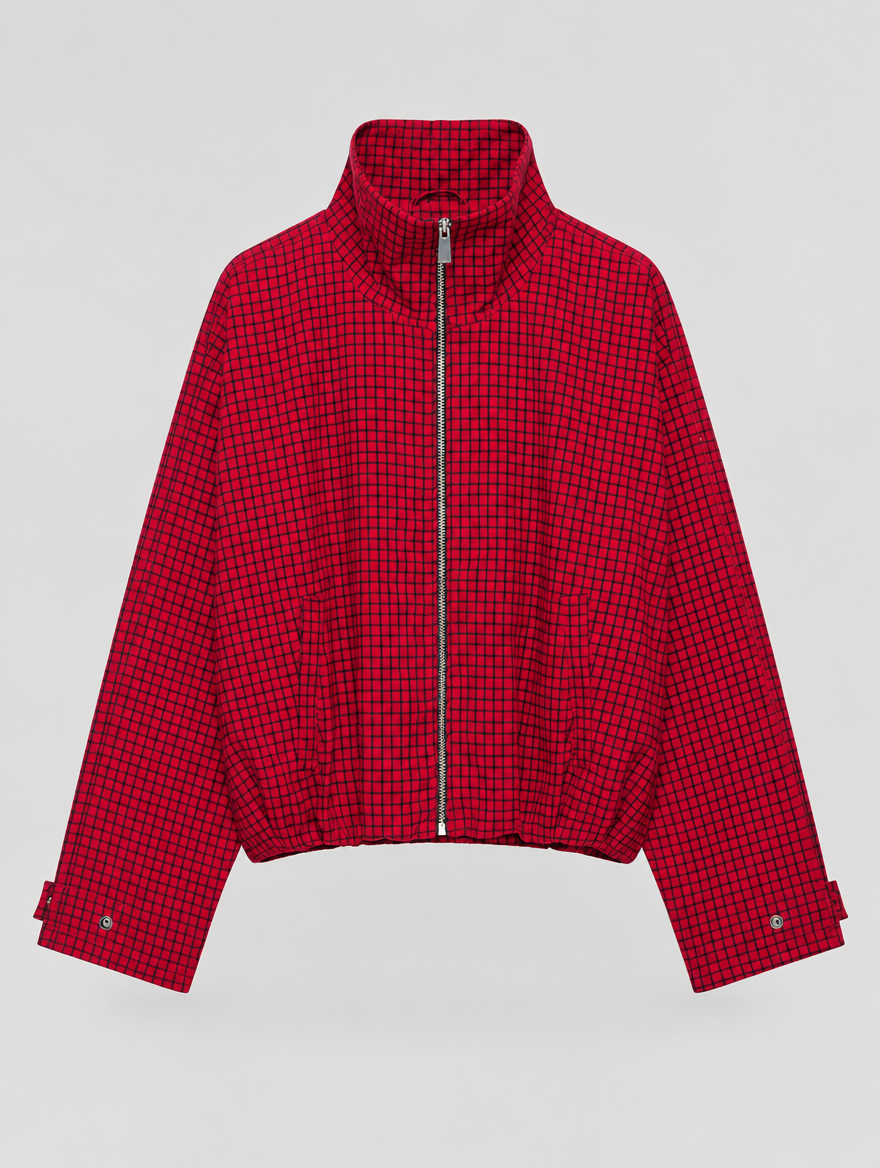 Red Plaid Oversized Bomber Jacket
