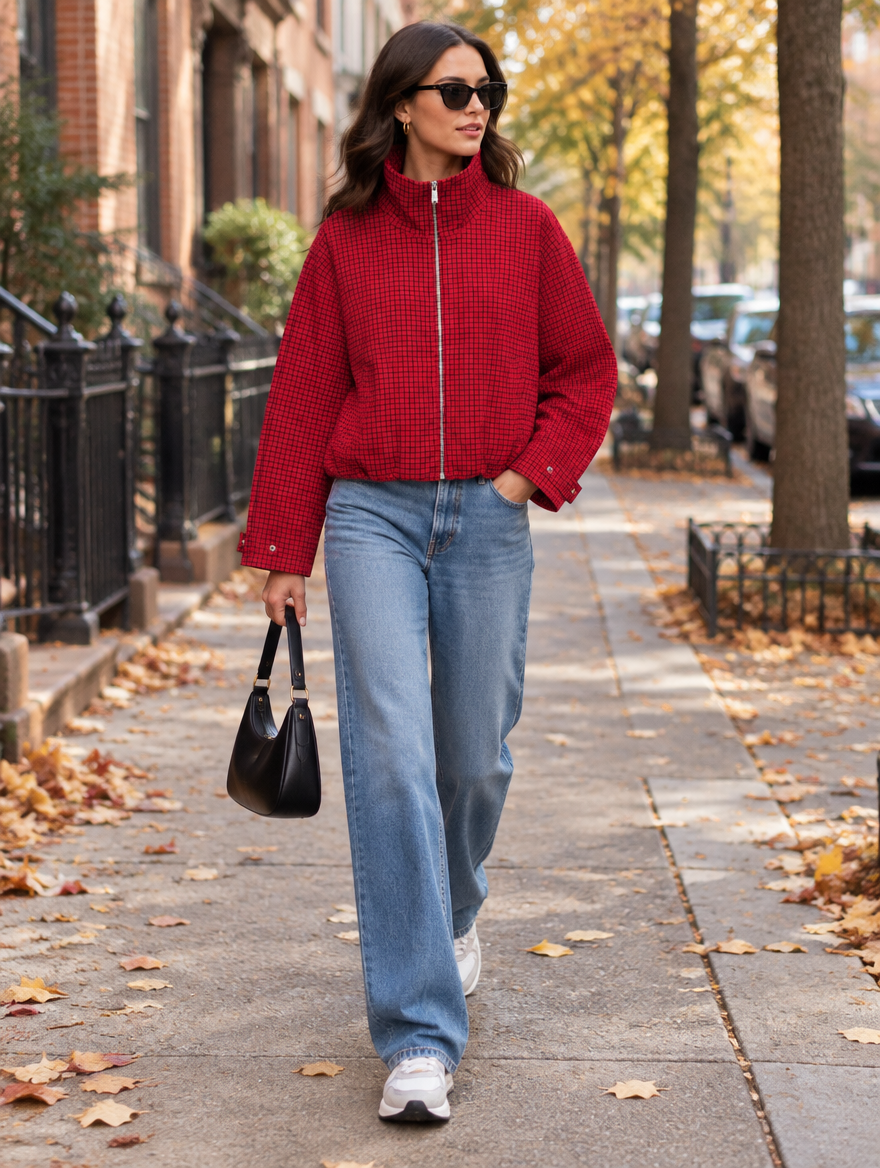 Red Plaid Oversized Bomber Jacket