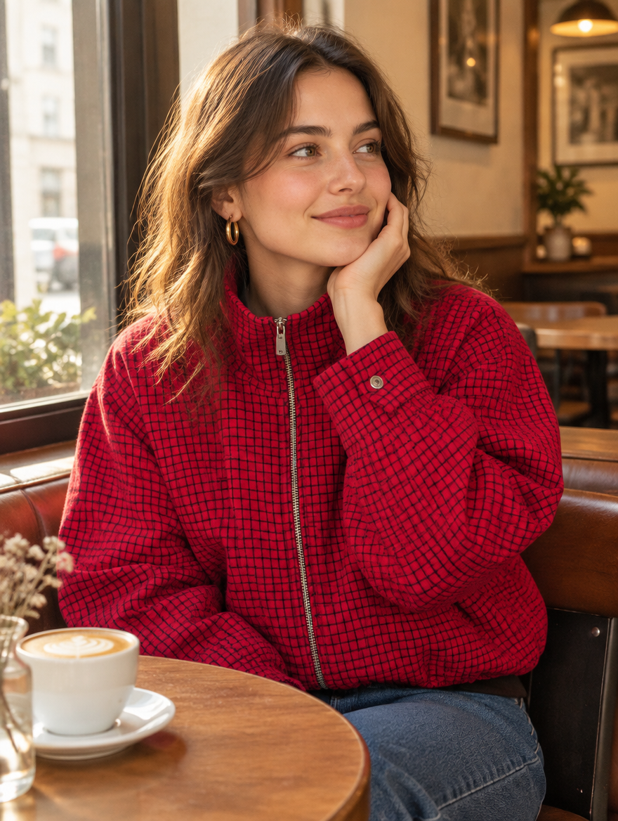 Red Plaid Oversized Bomber Jacket