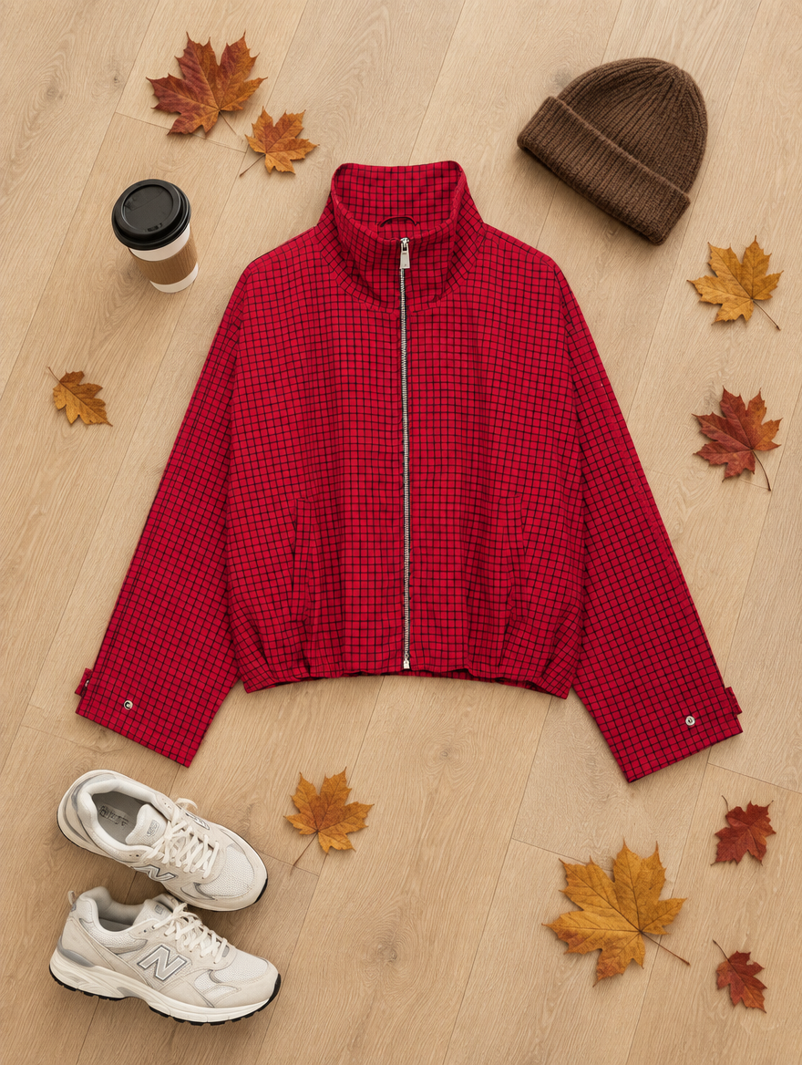 Red Plaid Oversized Bomber Jacket