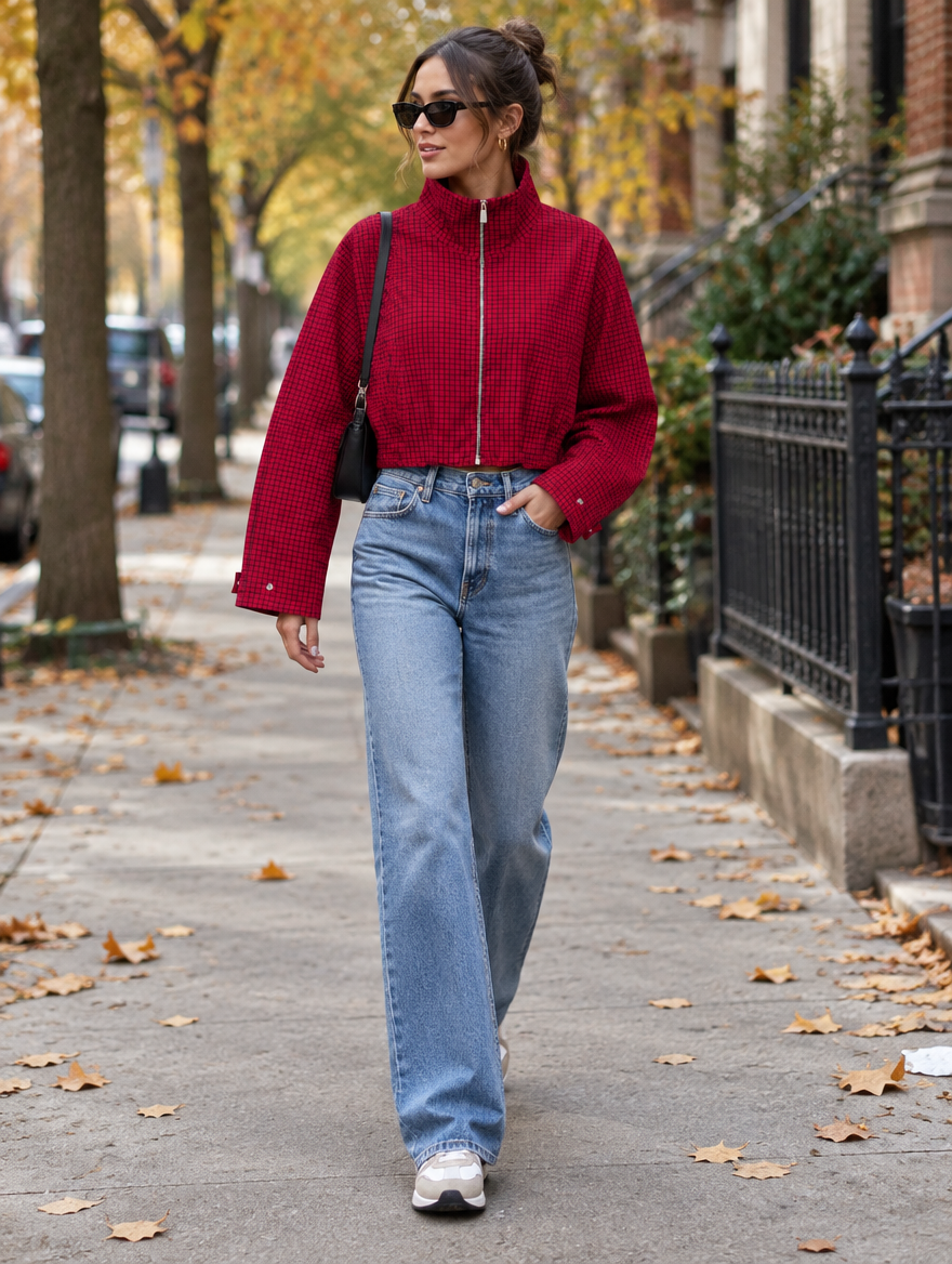 Plaid Cropped Bomber Jacket