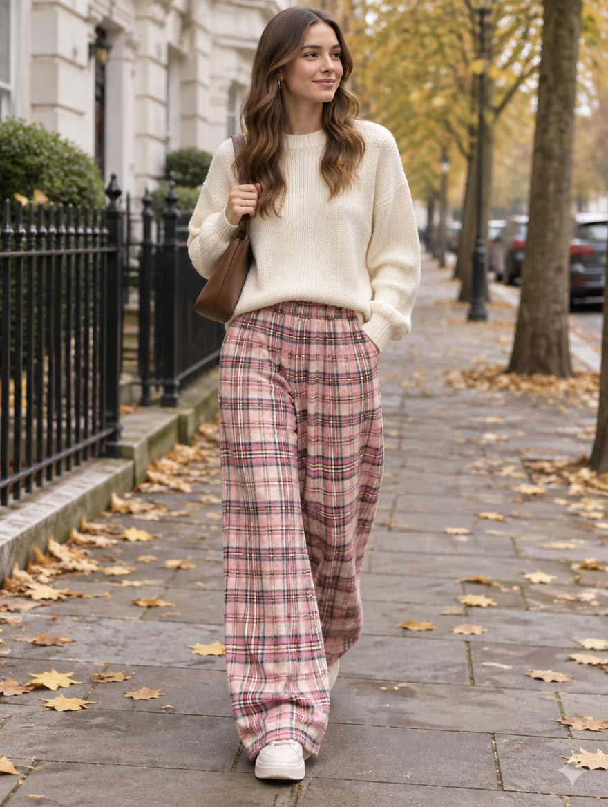 Plaid Plush Wide-Leg Pants