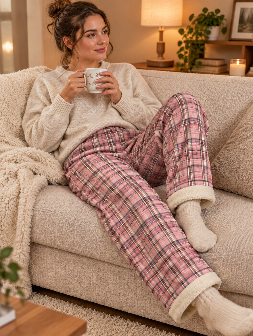 Plaid Plush Wide-Leg Pants