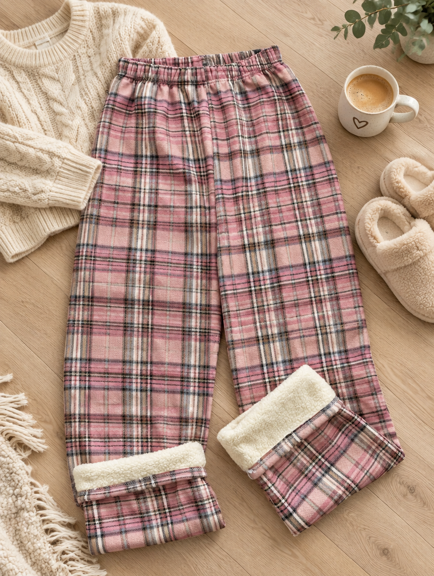 Plaid Plush Wide-Leg Pants