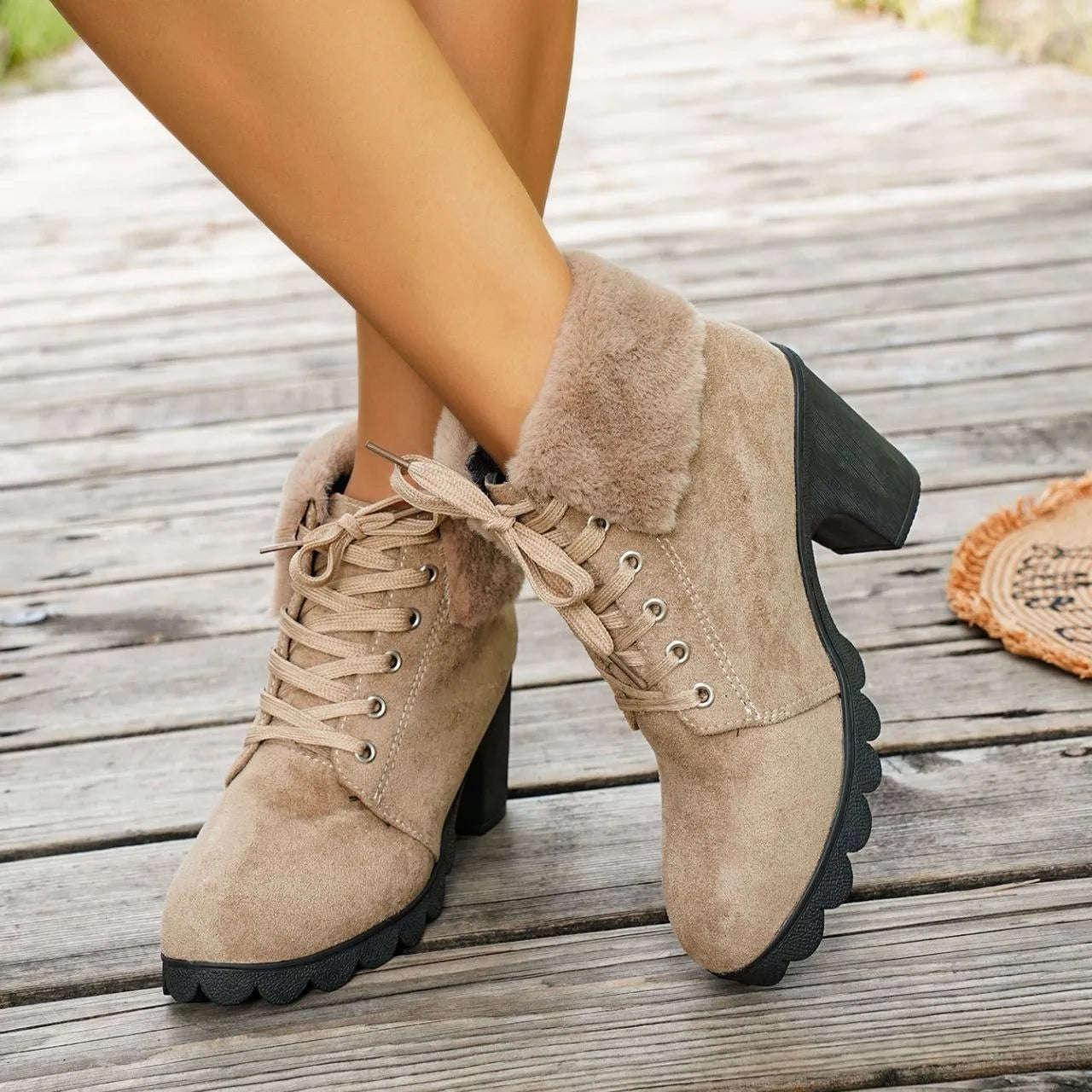 Women's Lace-up High-heeled Cotton Boots
