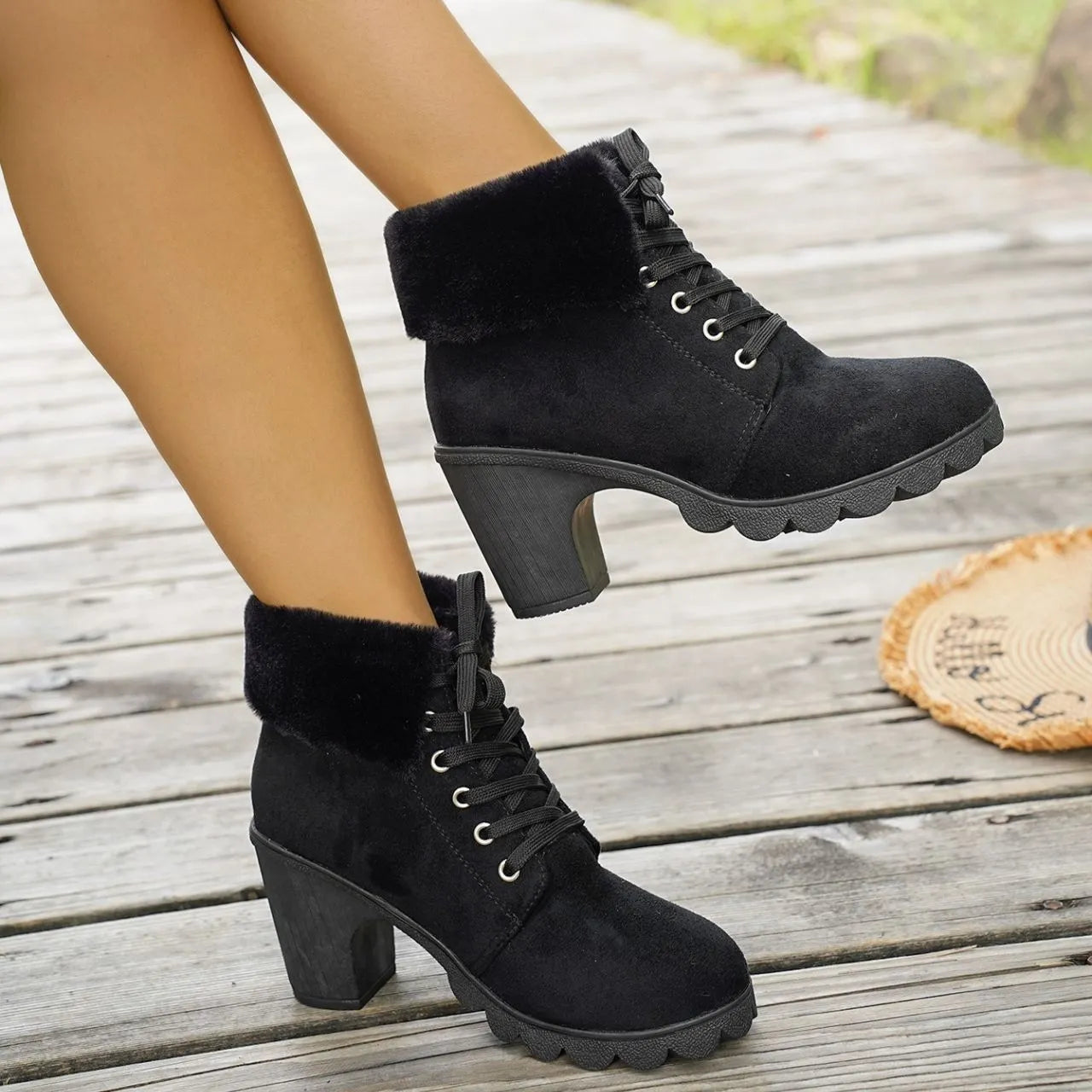 Women's Lace-up High-heeled Cotton Boots